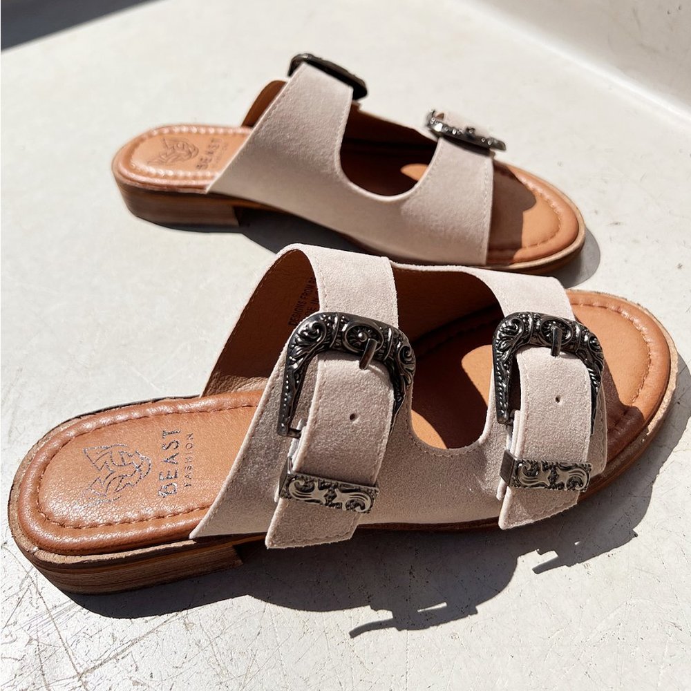 NEW Sand Faux Suede Western Metal Buckled Straps Slides Slip On Sandals Shoes